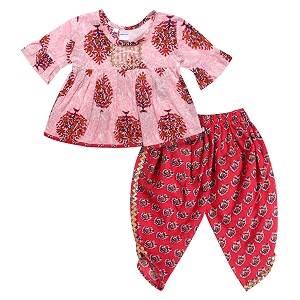 superminis cotton blend solid baby girl39s jaipuri print frock style kurti with frill sleeves and dhoti style salwar with elastic closure ethnic dress clothing set