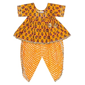 superminis cotton blend solid baby girl39s jaipuri print frock style kurti with frill sleeves and dhoti style salwar with elastic closure ethnic dress clothing set