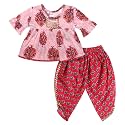 superminis Cotton Blend Solid Baby Girl's Jaipuri Print Frock Style Kurti With Frill Sleeves And Dhoti Style Salwar With Elastic Closure Ethnic Dress Clothing Set