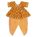 superminis Cotton Blend Solid Baby Girl's Jaipuri Print Frock Style Kurti With Frill Sleeves And Dhoti Style Salwar With Elastic Closure Ethnic Dress Clothing Set