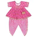 superminis Cotton Blend Solid Baby Girl's Jaipuri Print Frock Style Kurti With Frill Sleeves And Dhoti Style Salwar With Elastic Closure Ethnic Dress Clothing Set