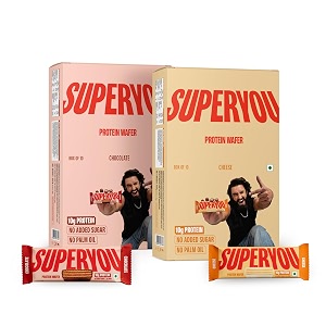 superyou chocolate protein wafer bars pack of 10 amp cheese pack of 10 3g fiber no added sugaryeast fermented proteinenergy barscrunchy wafer bar100 vegetarianno palm oil  800g