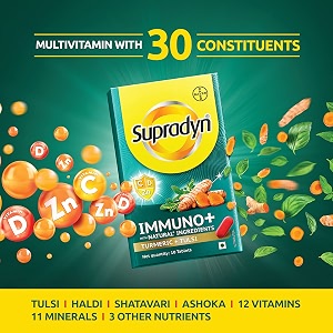 supradyn immuno  multivitamin vit c vit d zinc unique blend of tulsi turmeric shatavari amp ashoka pack of 6 x 10 tablets