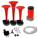 Supreme Choice Bike SH-2 Universal Air Pressure 3 Pipe Horn with 12 Volt Air Compressor Red for Honda Livo