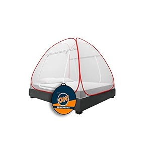 kolar supreme on double bed mosquito net king-size 65 feet x 65 feet premium machardani strong and durable 30 gsm tent type foldable corrosion resistant color white amp red
