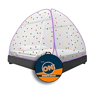 kolar supreme on double bed mosquito net king-size 65 feet x 65 feet premium machardani with 30 pair of stars strong and durable 30 gsm tent type foldable corrosion resistantking bed purple