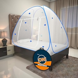 kolar supreme on mosquito net for double bed  polyester  king size foldable machardani with heart design strong and durabletent type corrosion resistant -white blue color
