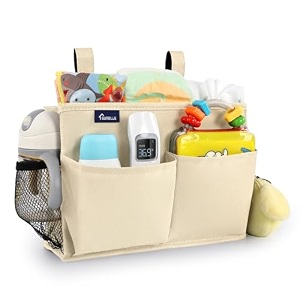 surblue bedside caddy hanging organizer storage bag for bunk and hospital beds college dorm rooms baby rails camp - 4 pockets 2 hooks small beige