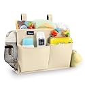 Surblue Bedside Caddy Hanging Organizer Storage Bag for Bunk and Hospital Beds, College Dorm Rooms, Baby Rails, Camp - 4 Pockets, 2 Hooks (Small, Beige)