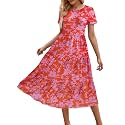 Sureple Spring Round Neck T Shirt Dress for Women Short Sleeve Midi Length,Swing Tiered Bobydoll Dresses with Pockets