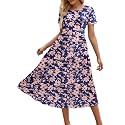 Sureple Spring Round Neck T Shirt Dress for Women Short Sleeve Midi Length,Swing Tiered Bobydoll Dresses with Pockets