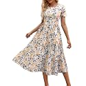 Sureple Spring Round Neck T Shirt Dress for Women Short Sleeve Midi Length,Swing Tiered Bobydoll Dresses with Pockets