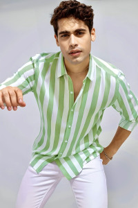 Surhi Men Striped Casual Light Green Shirt