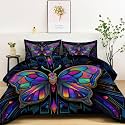 Surrealism Quilted Comforter Set Queen Size, Symmetrical Design Butterfly Lightweight 3 Pieces Bedding Set, Black Soft Warm Down Comforter 90" x 90" Quilted Bedding Sets for Girls Boys Kids