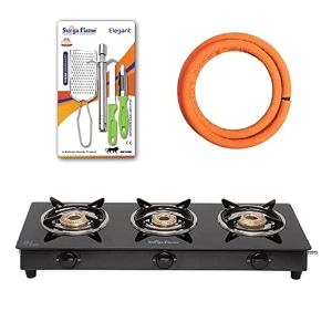 surya flame lpg stove 3 burner lifestyle1 surya flame hose pipe 15 mtr1 surya flame spark lighter - elegant pack of 4  2 years warranty
