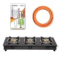 Surya Flame LPG STOVE 3 Burner LIFESTYLE|1 Surya Flame HOSE PIPE 1.5 MTR|1 Surya Flame SPARK LIGHTER - ELEGANT (PACK OF 4) | 2 Years Warranty
