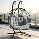 Suteck Double Hanging Egg Chair with Adjustable Footrest & Stand, Grey