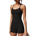 SUUKSESS Women 2 Piece Workout Sets High Waisted Tummy Control Biker Shorts Halter Padded Tank Tops