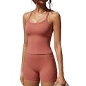SUUKSESS Women 2 Piece Workout Sets High Waisted Tummy Control Biker Shorts Halter Padded Tank Tops