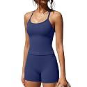 SUUKSESS Women 2 Piece Workout Sets High Waisted Tummy Control Biker Shorts Halter Padded Tank Tops