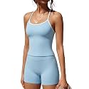SUUKSESS Women 2 Piece Workout Sets High Waisted Tummy Control Biker Shorts Halter Padded Tank Tops