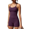 SUUKSESS Women 2 Piece Workout Sets High Waisted Tummy Control Biker Shorts Halter Padded Tank Tops