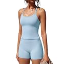 SUUKSESS Women 2 Piece Workout Sets High Waisted Tummy Control Biker Shorts Halter Padded Tank Tops