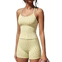 SUUKSESS Women 2 Piece Workout Sets High Waisted Tummy Control Biker Shorts Halter Padded Tank Tops