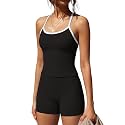 SUUKSESS Women 2 Piece Workout Sets High Waisted Tummy Control Biker Shorts Halter Padded Tank Tops