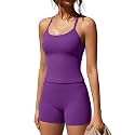 SUUKSESS Women 2 Piece Workout Sets High Waisted Tummy Control Biker Shorts Halter Padded Tank Tops