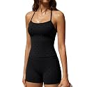 SUUKSESS Women 2 Piece Workout Sets High Waisted Tummy Control Biker Shorts Halter Padded Tank Tops