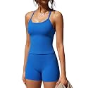 SUUKSESS Women 2 Piece Workout Sets High Waisted Tummy Control Biker Shorts Halter Padded Tank Tops