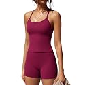 SUUKSESS Women 2 Piece Workout Sets High Waisted Tummy Control Biker Shorts Halter Padded Tank Tops