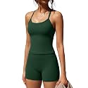 SUUKSESS Women 2 Piece Workout Sets High Waisted Tummy Control Biker Shorts Halter Padded Tank Tops