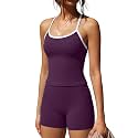 SUUKSESS Women 2 Piece Workout Sets High Waisted Tummy Control Biker Shorts Halter Padded Tank Tops