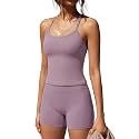 SUUKSESS Women 2 Piece Workout Sets High Waisted Tummy Control Biker Shorts Halter Padded Tank Tops