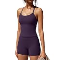 SUUKSESS Women 2 Piece Workout Sets High Waisted Tummy Control Biker Shorts Halter Padded Tank Tops
