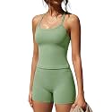 SUUKSESS Women 2 Piece Workout Sets High Waisted Tummy Control Biker Shorts Halter Padded Tank Tops