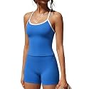 SUUKSESS Women 2 Piece Workout Sets High Waisted Tummy Control Biker Shorts Halter Padded Tank Tops