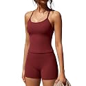 SUUKSESS Women 2 Piece Workout Sets High Waisted Tummy Control Biker Shorts Halter Padded Tank Tops