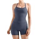 SUUKSESS Women 2 Piece Workout Sets High Waisted Tummy Control Biker Shorts Halter Padded Tank Tops