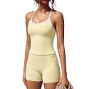 SUUKSESS Women 2 Piece Workout Sets High Waisted Tummy Control Biker Shorts Halter Padded Tank Tops