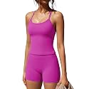 SUUKSESS Women 2 Piece Workout Sets High Waisted Tummy Control Biker Shorts Halter Padded Tank Tops