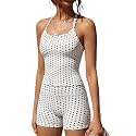 SUUKSESS Women 2 Piece Workout Sets High Waisted Tummy Control Biker Shorts Halter Padded Tank Tops