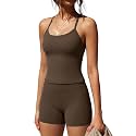 SUUKSESS Women 2 Piece Workout Sets High Waisted Tummy Control Biker Shorts Halter Padded Tank Tops