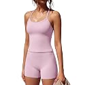 SUUKSESS Women 2 Piece Workout Sets High Waisted Tummy Control Biker Shorts Halter Padded Tank Tops