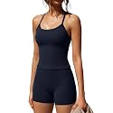SUUKSESS Women 2 Piece Workout Sets High Waisted Tummy Control Biker Shorts Halter Padded Tank Tops