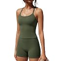 SUUKSESS Women 2 Piece Workout Sets High Waisted Tummy Control Biker Shorts Halter Padded Tank Tops