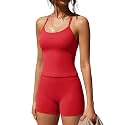 SUUKSESS Women 2 Piece Workout Sets High Waisted Tummy Control Biker Shorts Halter Padded Tank Tops