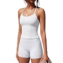 SUUKSESS Women 2 Piece Workout Sets High Waisted Tummy Control Biker Shorts Halter Padded Tank Tops